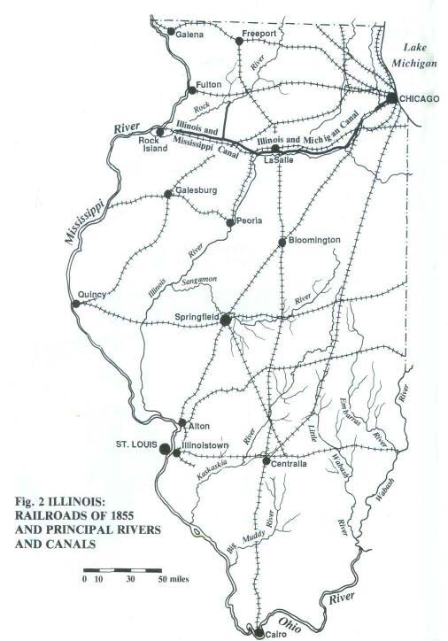 Illinois: Railroads of 1855 and Principal Rivers and Canals