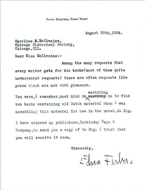 Letter by Edna Ferber to Caroline Mollvaine