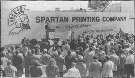 Gathering outside of Spartan Printing