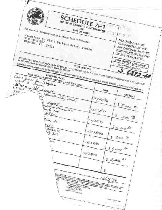 would limit contributions to $1, 000 from
an individual and $5, 000 from a political
action committee in the primary and general election, the current limits on contributions to federal campaigns. Further, Sen. Steven Rauschenberger, an
Elgin Republican, would tighten deadlines and penalize a committee that
fails to report within two days a
contribution of $500 or more in the
30 days before an election....