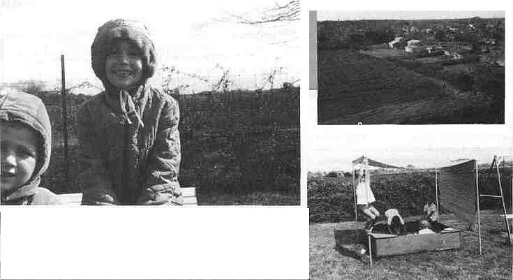 Photos on page 22: Lee A.
Hansen's photographs from
the family album; (top left) Lee
and her brother Ty in1966 in
their backyard with "The
Field" just beyond the fence;
(top right) Lee, Ty and friends
play in the backyard near The
Field, in 1967; (bottom) in
1971, remaining area of The
Field as viewed from an 80-foot hill of soil created by
earth movers.