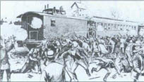 Depiction of a strike between Pullman workers and federal troops